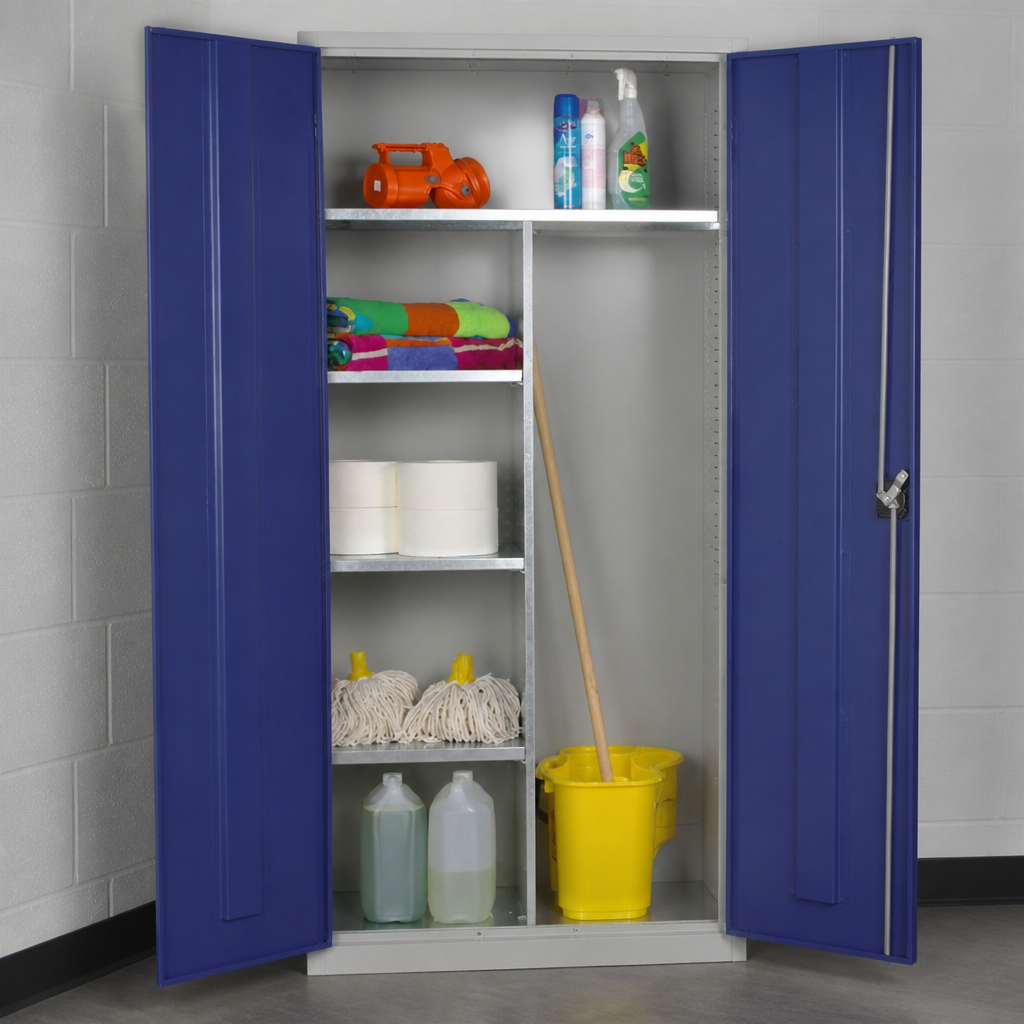 Commercial lockable janitorial cupboard with 3 shelves