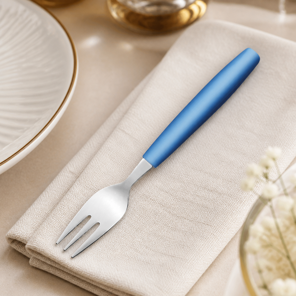 Commercial cake forks 165mm with blue handles, pack of 12