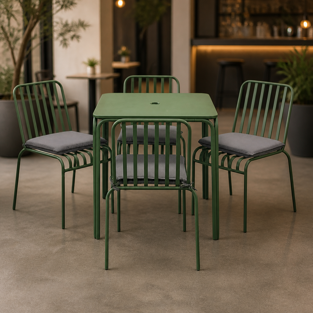 Commercial outdoor dining set with square table and 4 stackable chairs