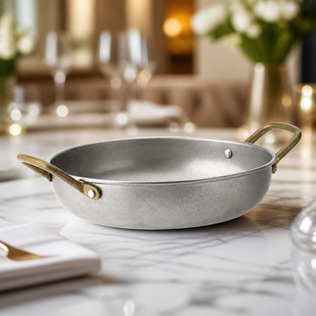 Set of six 195mm metal dishes with brass handles