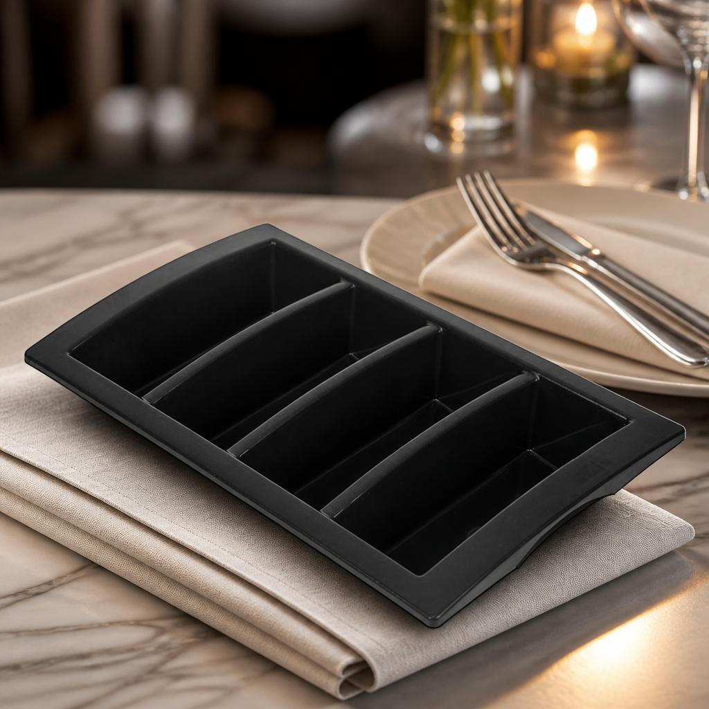 Commercial stackable cutlery tray with four compartments