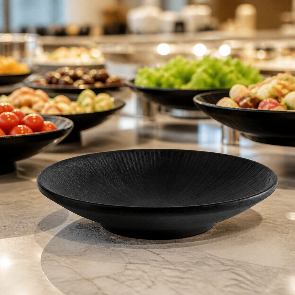 Commercial Melamine Plate Black 150mm, dishwasher safe