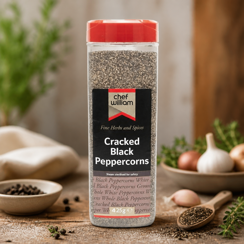 Cracked Black Peppercorns 425g in a clear package