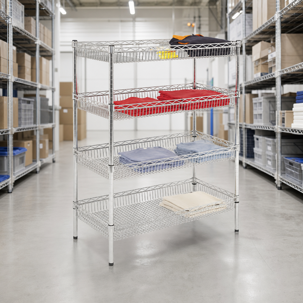 Chrome Wire Basket Shelving with 4 Shelves, 455mm Deep