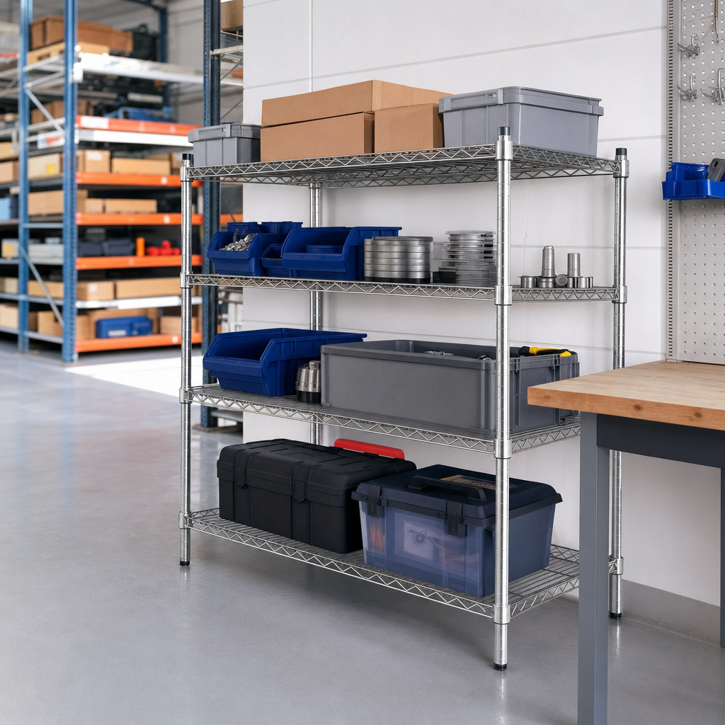 Chrome Wire Basket Shelving with 4 Shelves, 455mm Deep