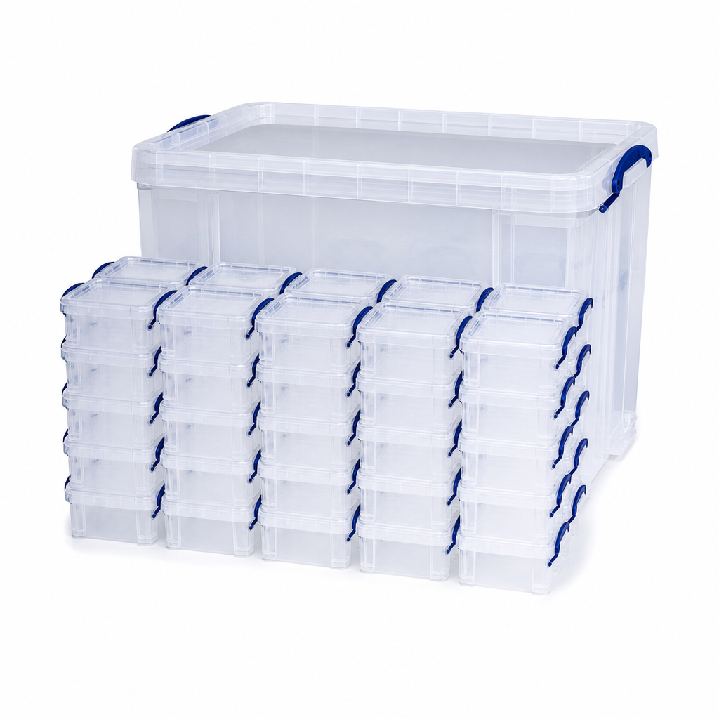 Clear Plastic Storage Box Set 84L With 26 Small 1.6L Boxes