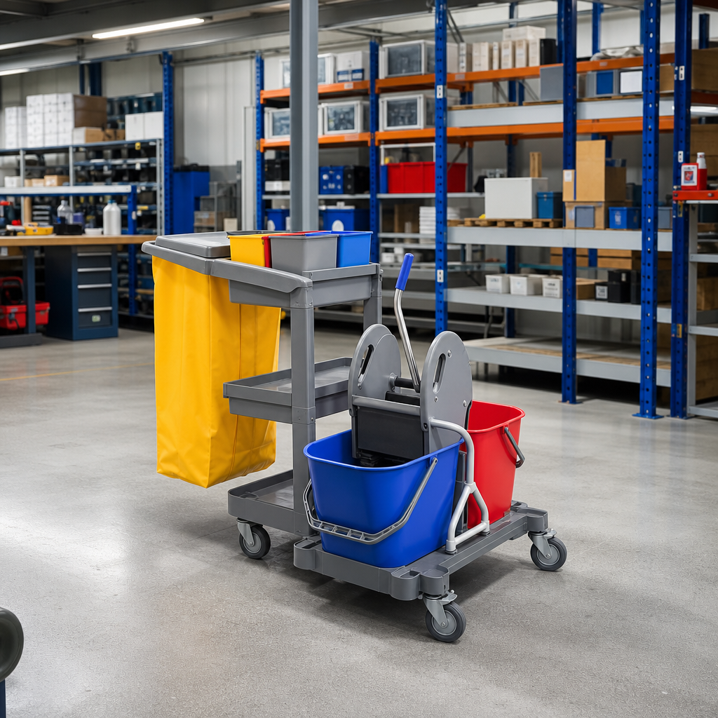 Compact Cleaning Trolley with Buckets, Press and Waste Sack