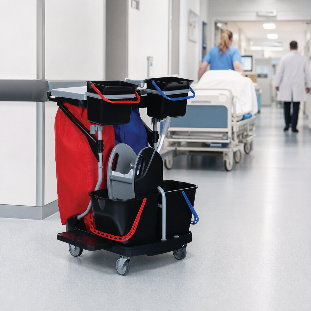 Compact Cleaning Trolley with Buckets, Press and Waste Sack