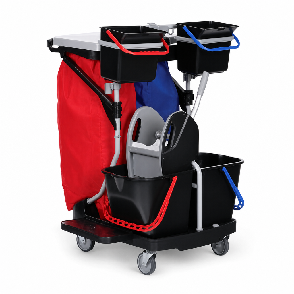 Compact Cleaning Trolley with Buckets, Press and Waste Sack