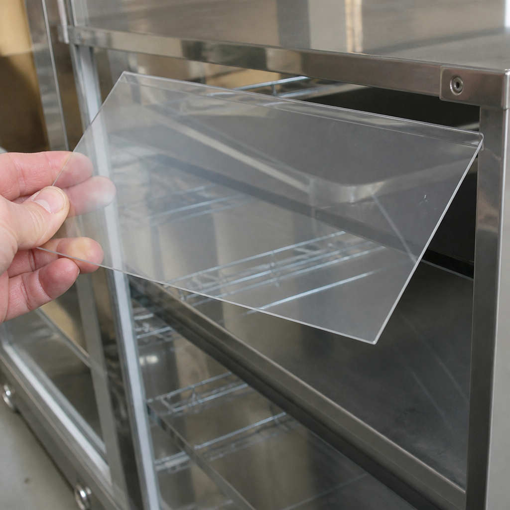 Commercial glass back panel for pie cabinet, 340mm height