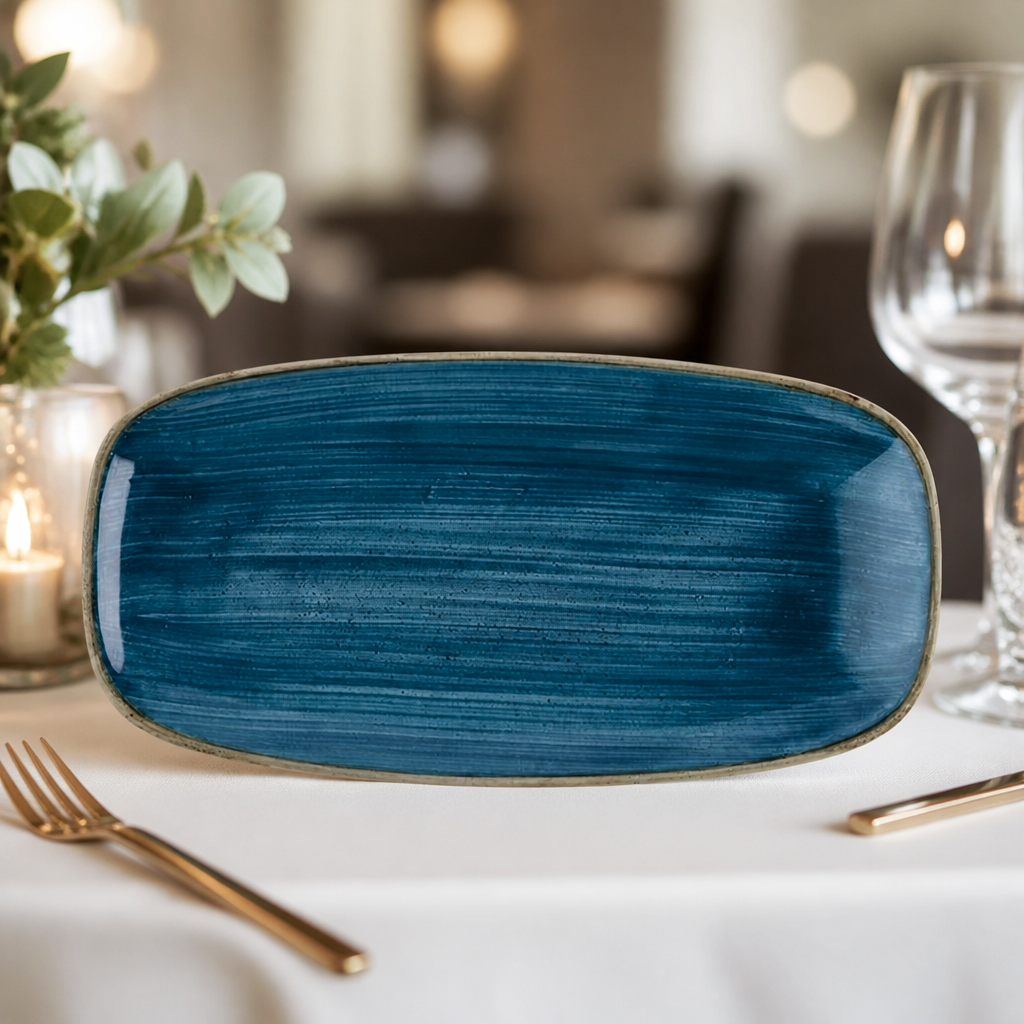 Commercial Oblong Plates 355mm Java Blue Super Vitrified Ceramic