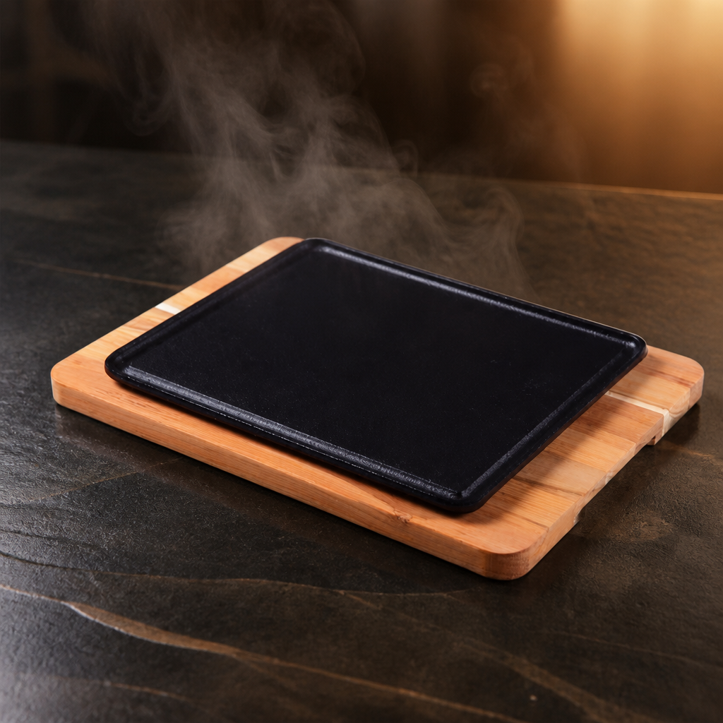 Pre-Seasoned Cast Iron Sizzler Plate 350x250mm with Teak Base