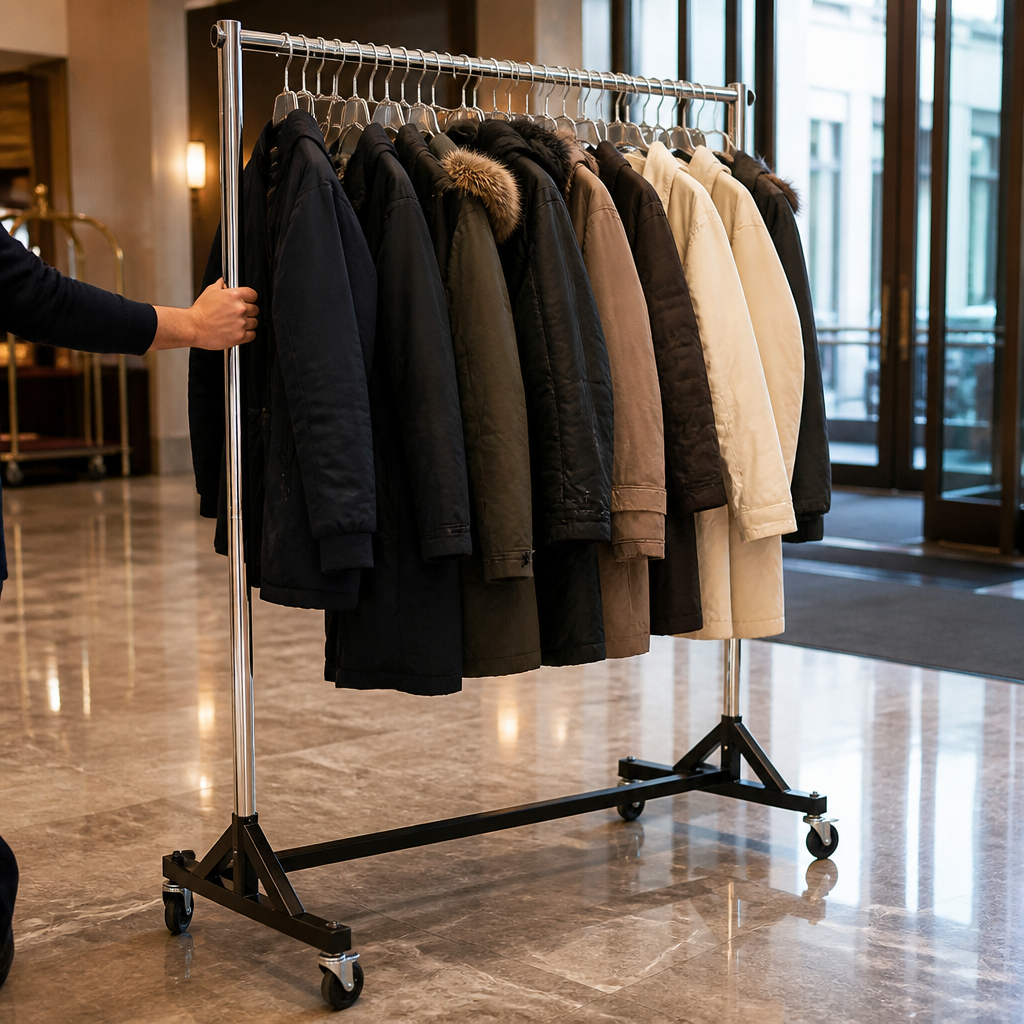 Commercial garment rail with 25 hangers and heavy-duty wheels