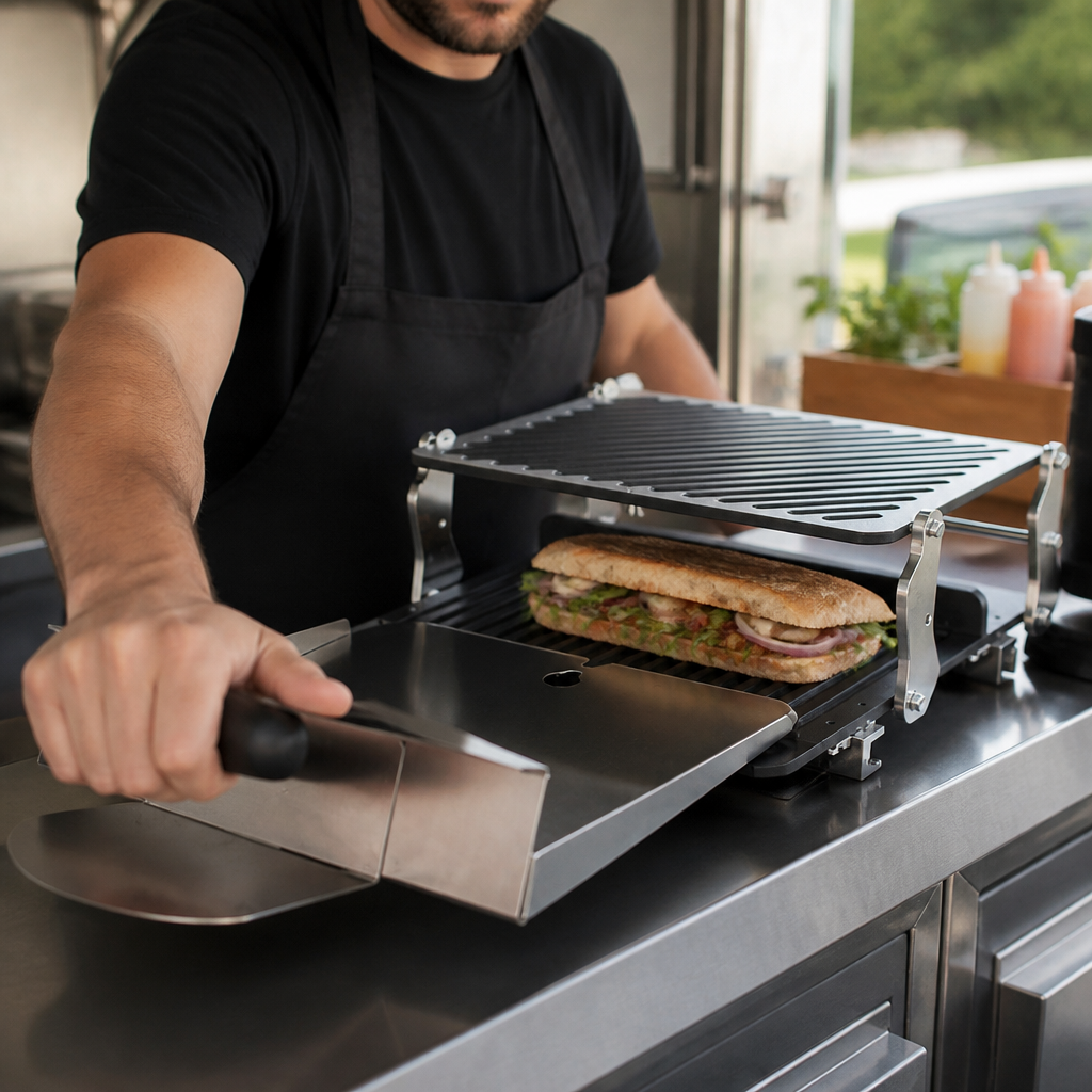 Commercial panini press with 12mm to 74.6mm capacity
