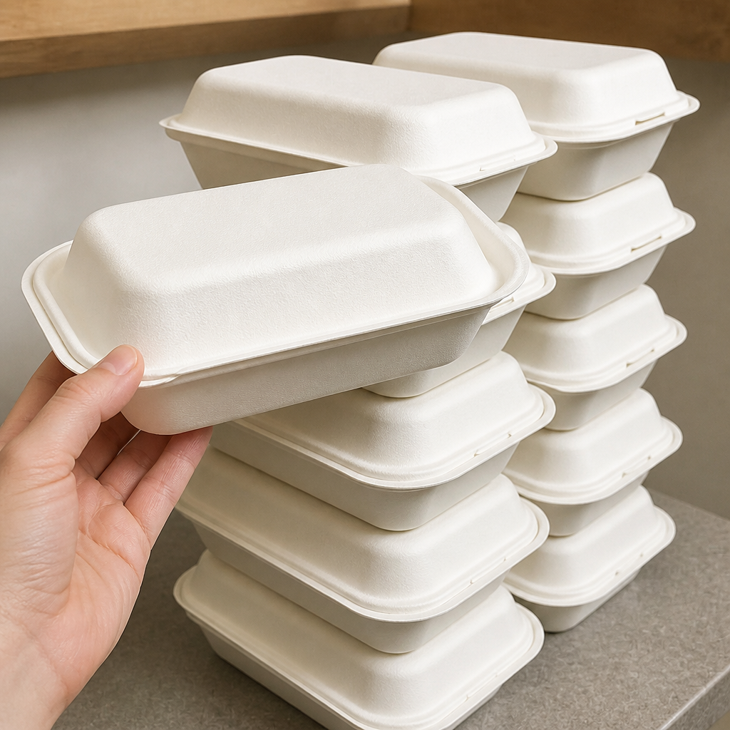 500ml Compostable Bagasse Hinged Food Containers