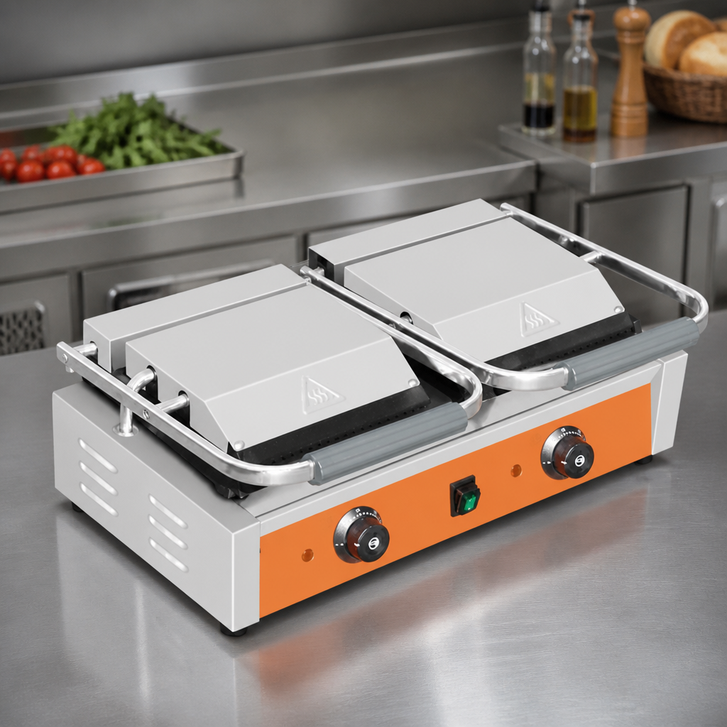 Commercial Double Contact Grill Ribbed Flat Plates 230V