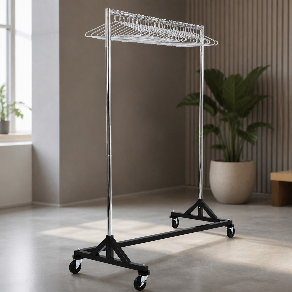 Commercial Garment Rail with 25 Hangers and Heavy-Duty Wheels