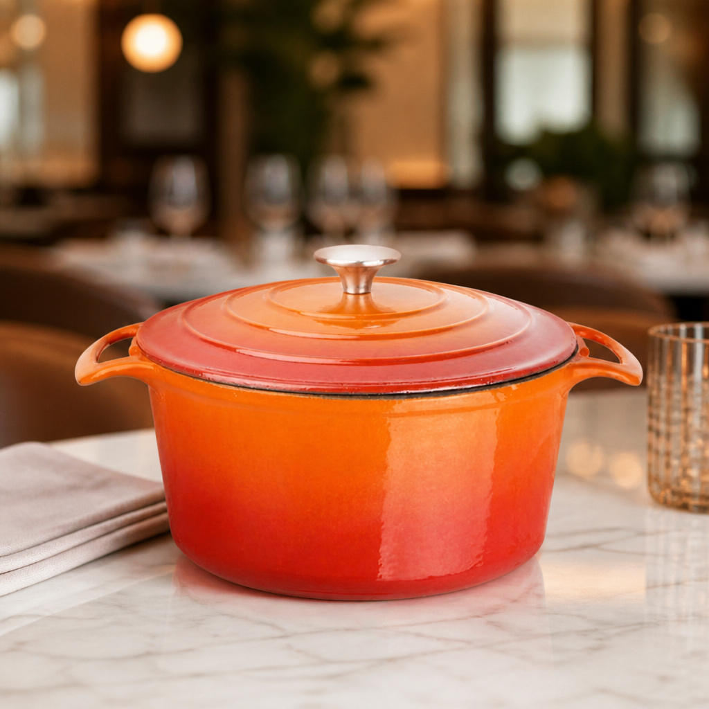 Commercial Cast Iron Round Casserole Dish 4Ltr Orange