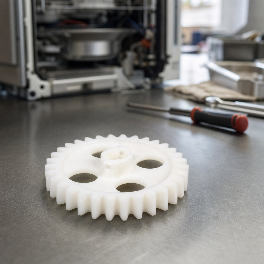 Replacement perforated drive gear and pin for salad spinner
