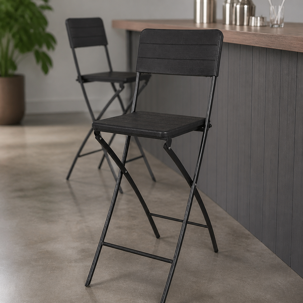 Commercial Folding Bar Chairs Black Wood-Effect 2 Pack