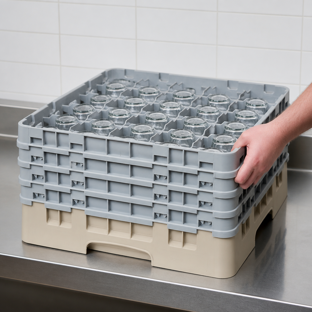 Commercial Glass Rack with 25 Compartments, Max Height 238mm, Beige