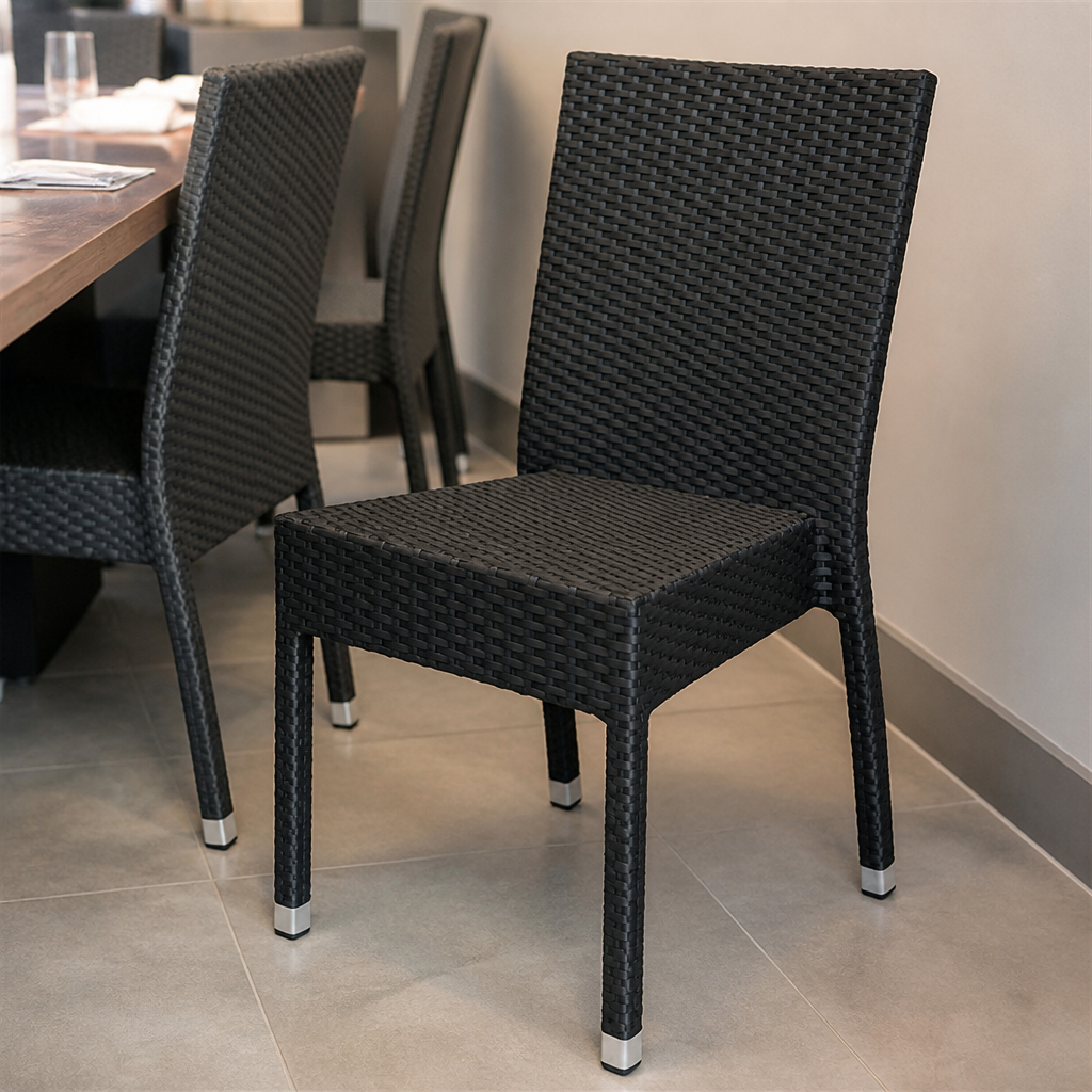 Commercial stackable outdoor wicker side chairs in charcoal, 4 pack