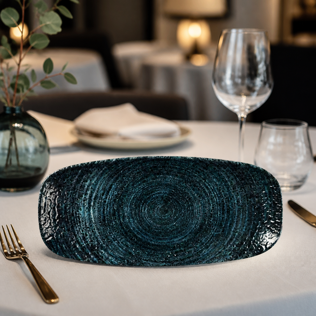 Commercial oblong blue ceramic plates 298mm, 12 pack