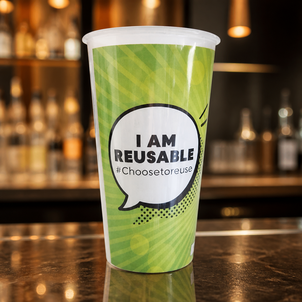 Reusable 570ml event cups in a 120 pack, eco-friendly design.