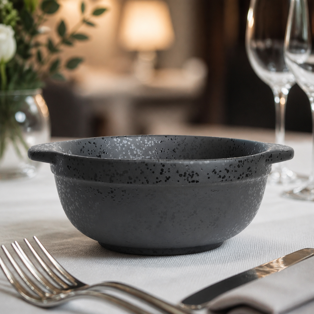 Set of 4 Commercial Eared Bowls 640ml in charcoal stoneware