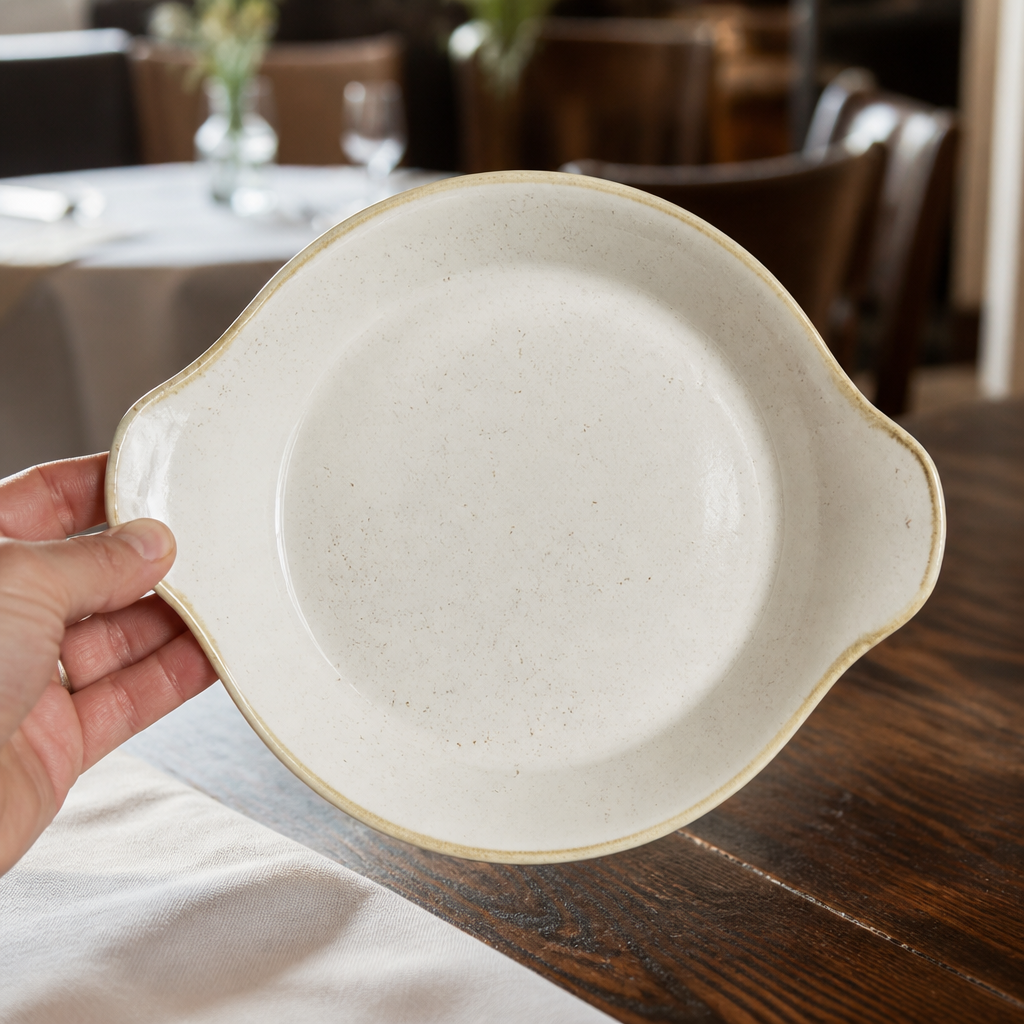 Set of 6 rustic speckled 215mm commercial eared dishes