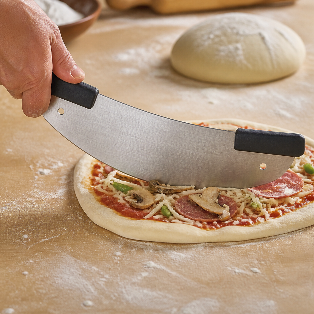 Commercial pizza cutter with ergonomic handles and stainless steel blade