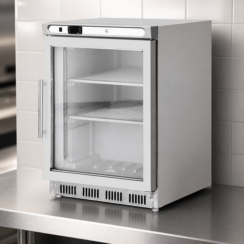Commercial Glass Door Freezer 129Ltr Stainless Steel Display
