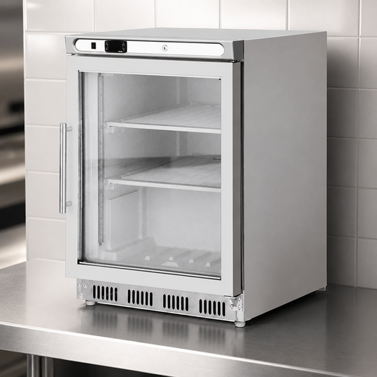 Commercial Glass Door Freezer 129Ltr Stainless Steel Display