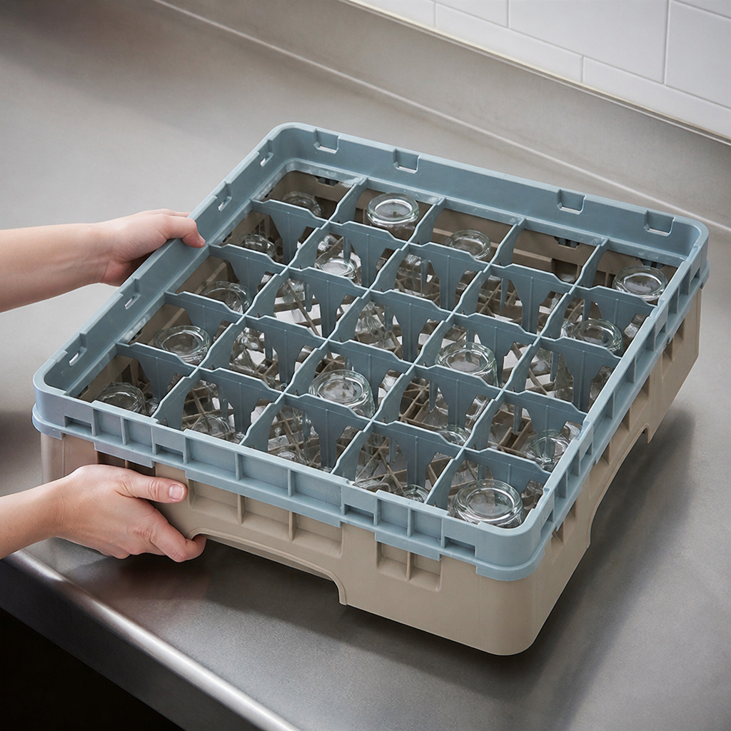 Commercial glass rack with 25 compartments, 92mm high