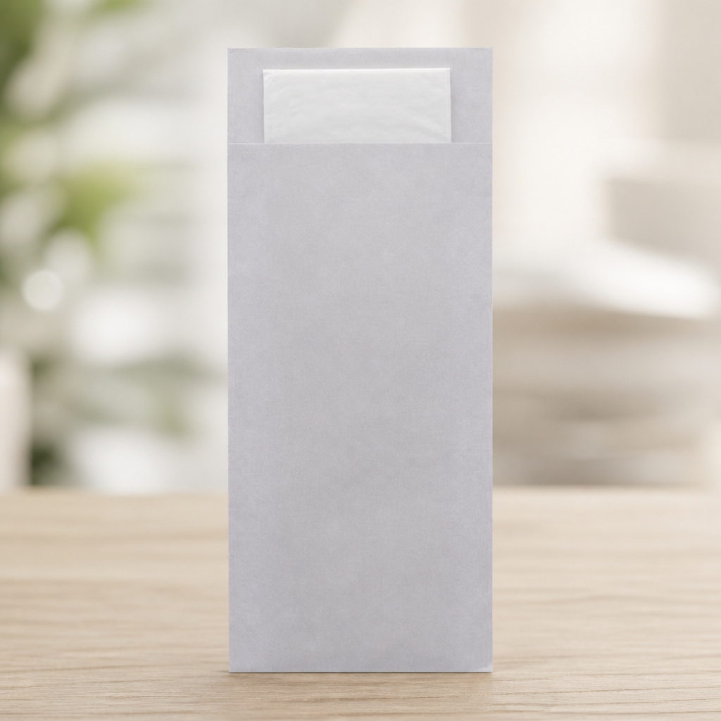 Commercial cutlery pouches with napkin in sea salt grey