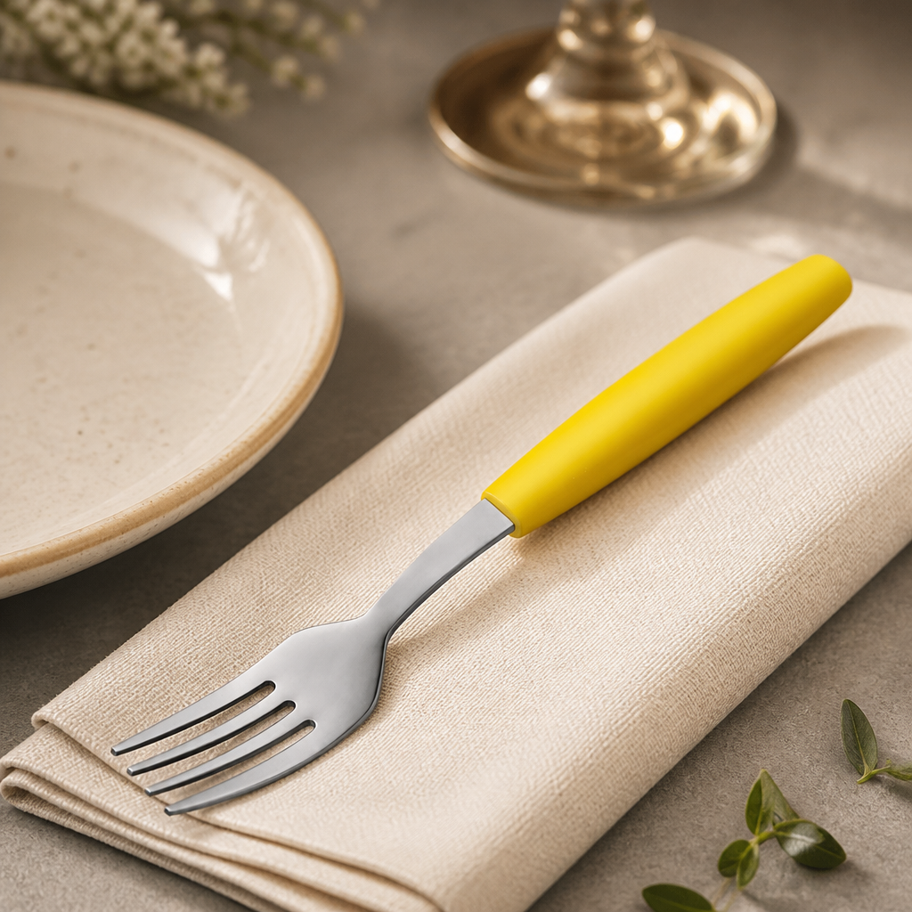 Commercial dessert forks with yellow handles, 180mm, pack of 12