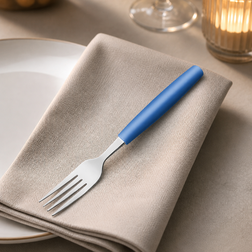 Commercial table forks with blue handles, pack of 12