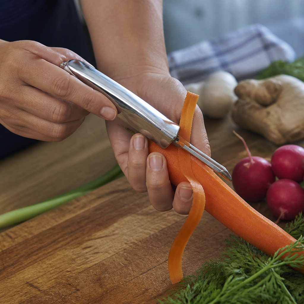 Commercial stainless steel vegetable peeler with ergonomic design