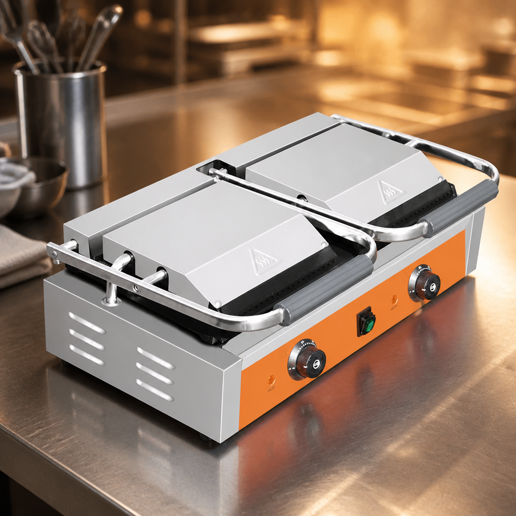 Commercial Double Contact Grill with Ribbed and Flat Plates