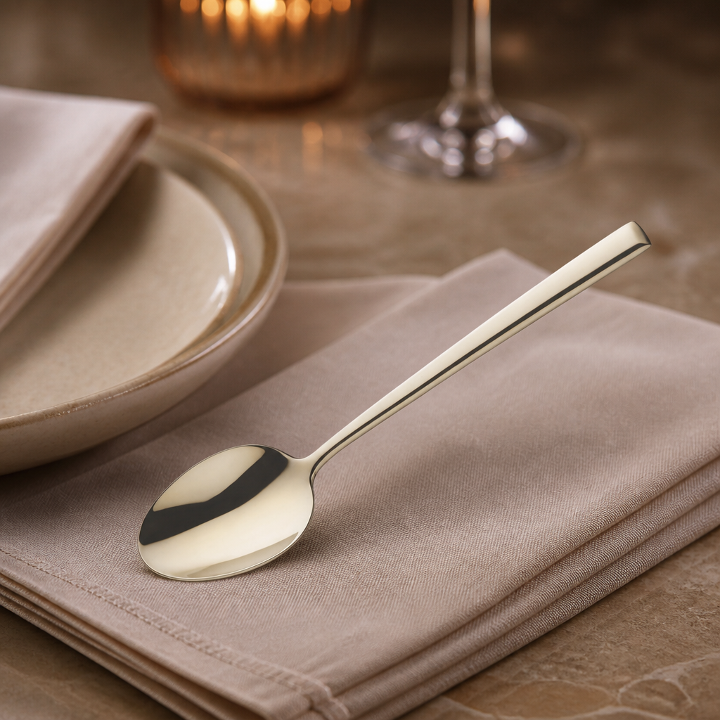 Champagne Dessert Spoons Set of 12 in modern stainless steel