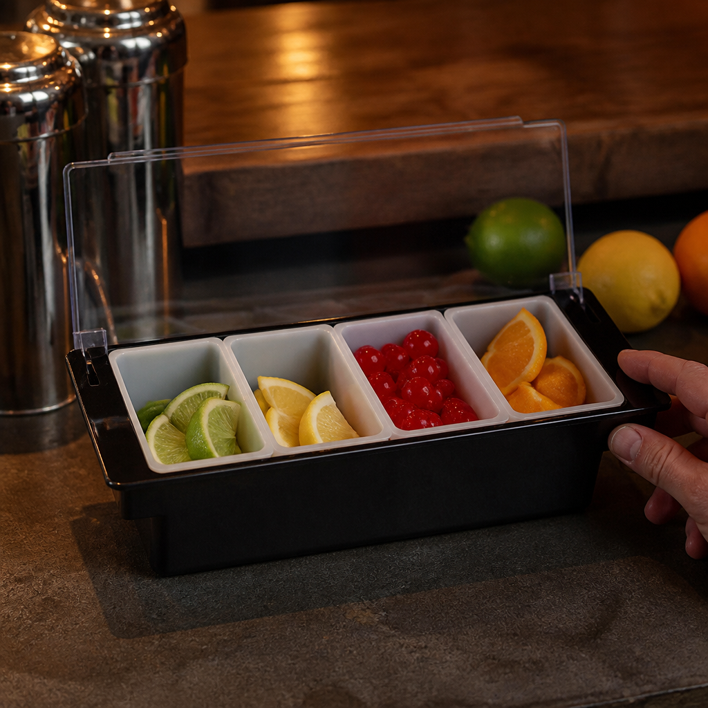 Commercial 4 Compartment Condiment Holder with Clear Lid