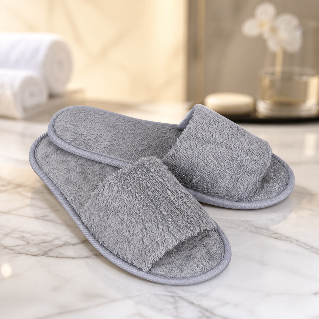 Grey cotton towelling commercial spa slippers, one size fits most.