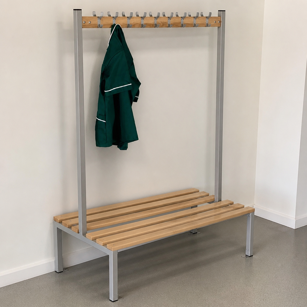 Commercial Changing Room Bench 1200mm with integrated hooks