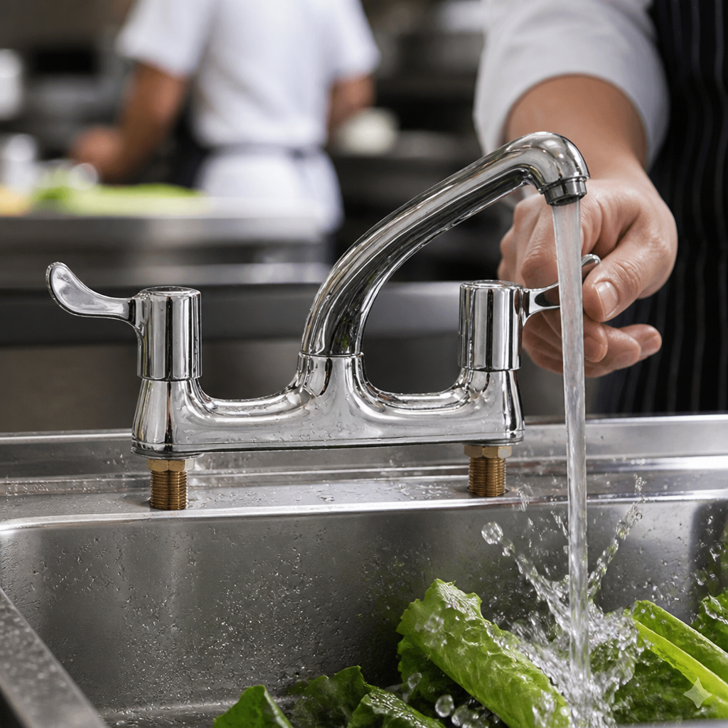 Commercial twin mixer lever deck tap in polished stainless steel