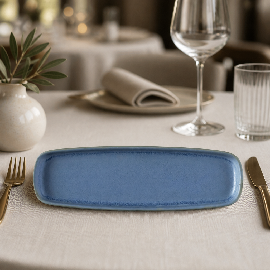 Commercial oblong plates 254x77mm in blue super vitrified ceramic