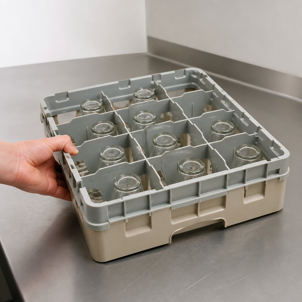Beige commercial glass rack with 16 compartments, max height 114mm