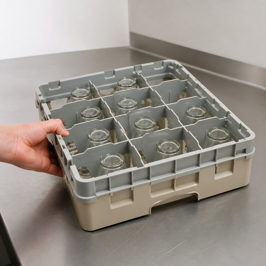 Commercial Glass Rack 16 Compartments Max Height 114mm Beige