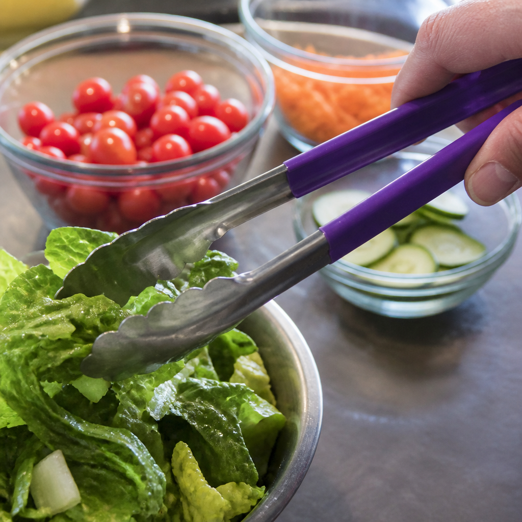 12" Commercial Kool Touch Tongs in purple for allergen safety