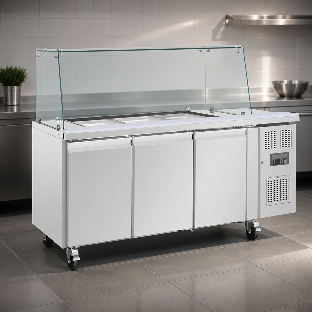 Commercial Saladette Counter 3 Door 456Ltr with Sneeze Guard