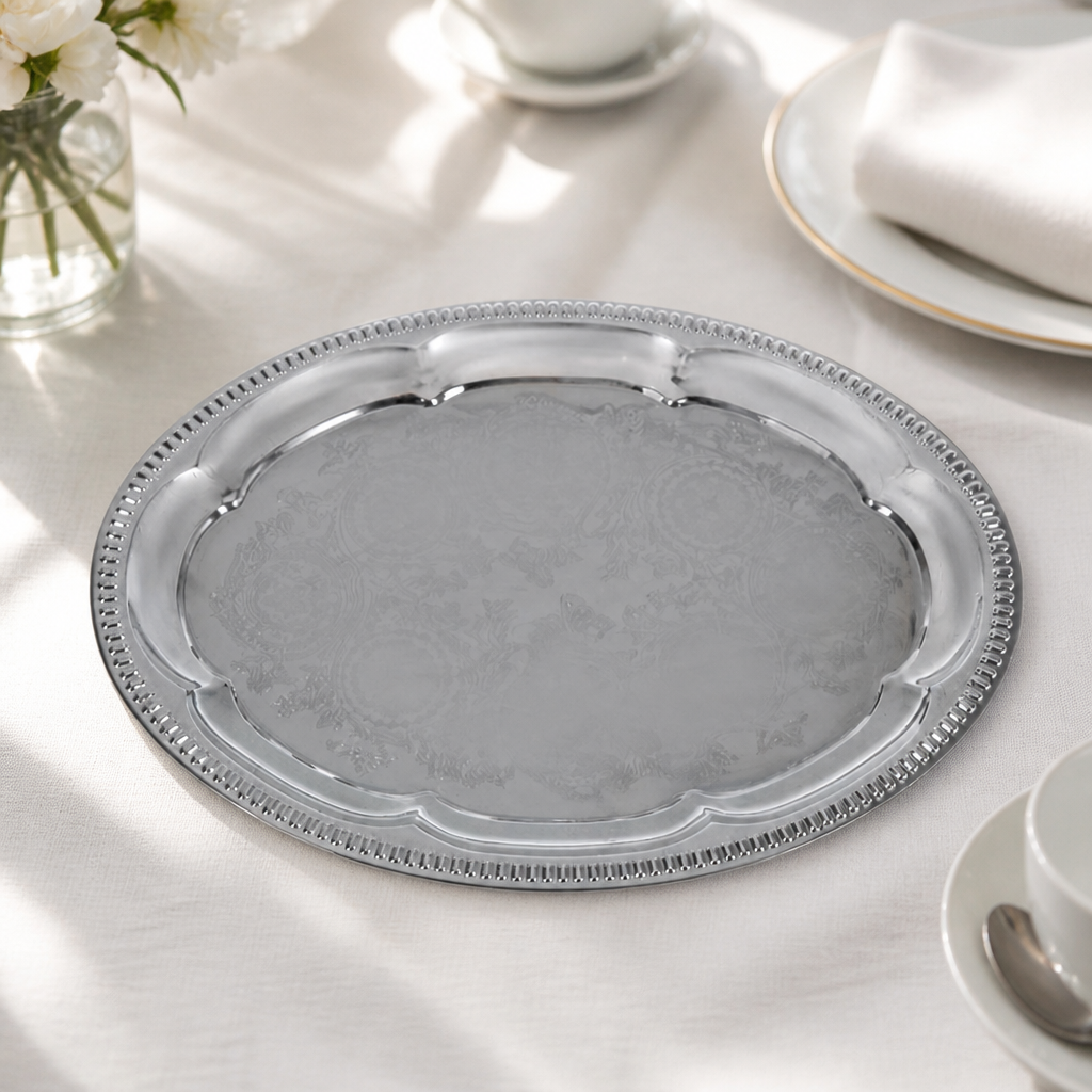 300mm Chrome-Plated Stainless Steel Oval Tea Tray Commercial Use